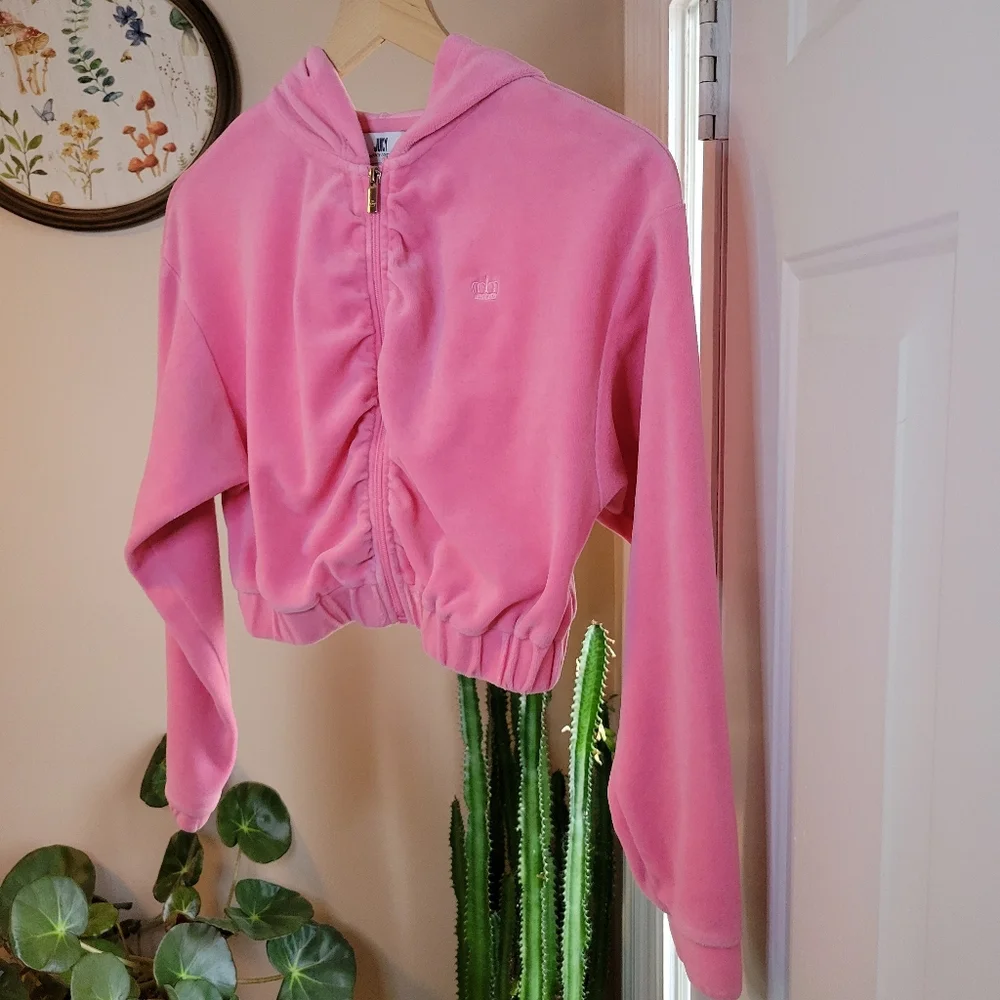 Juicy Couture Pink Ruched Zip Up Cropped Velvet Jacket, Size Womens Small - Picture 3 of 7